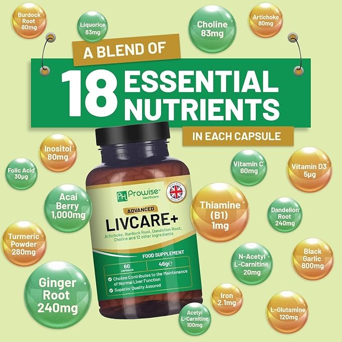 Advanced Livcare+ 60 Capsules | Added with Choline, Artichoke, Burdock Root, Dandelion Root, and 14 Other Active Ingredients | Liver Cleanse Detox and Repair for Men and Women by Prowise