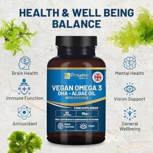 Prowise Vegan Omega-3 DHA from Algae Oil | 60 Softgels with Vitamin E | 400mg DHA + 10mg Vitamin E | 100% Plant-Based | Supports Brain and Eye Health | Pure & Sustainable Sourced